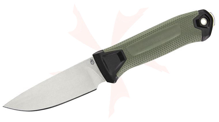 Gerber StrongArm Camp Fixed Blade Knife 3.81 inch 420HC Stonewashed Plain Drop Point Blade, Foliage Green Glass Filled Nylon Handles, MOLLE Multi-Mount Sheath