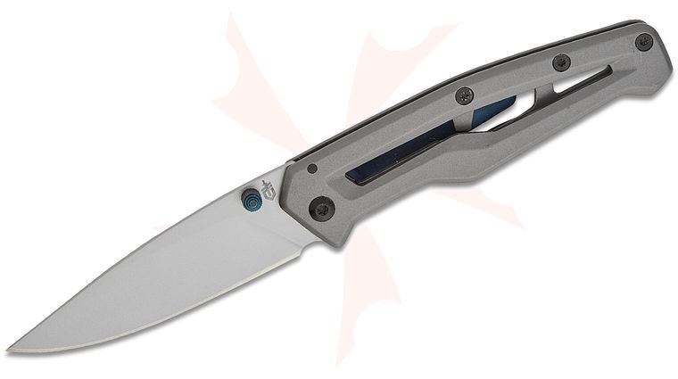 Gerber Paralite Folding Knife 3.125 inch Satin Plain Blade, Gray Stainless Steel Handles with Blue Clip