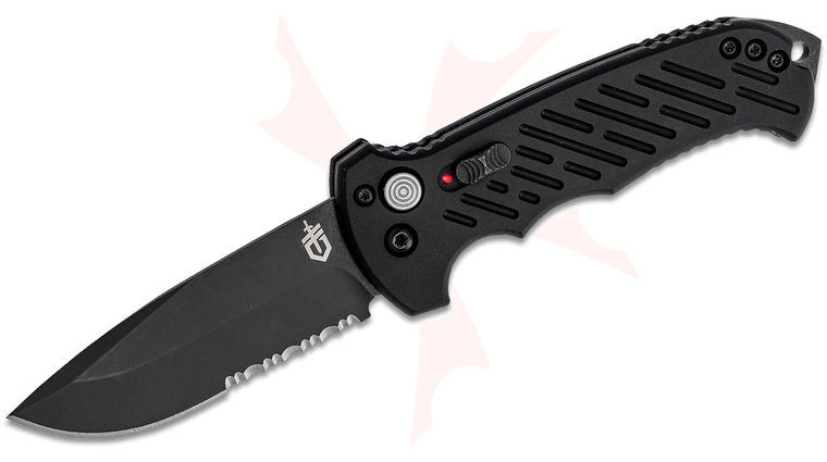 Gerber 06 Push Button AUTO Folding Knife 3.8 inch S30V Black Combo Drop Point Blade, Black Aluminum Handles
