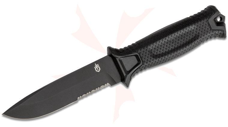 Gerber StrongArm Fixed 4.8 inch Black Combo Blade, Black Glass Filled Nylon Handles