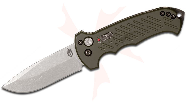 Gerber 06 Push Button AUTO 10th Anniversary Folding Knife 3.8 inch S30V Stonewash Plain Blade, OD Green Aluminum Handles