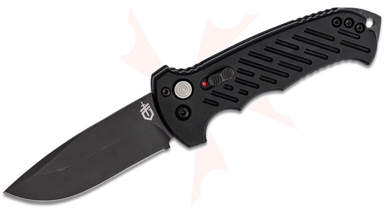 Gerber 06 Push Button AUTO Folding Knife 3.8 inch S30V Black Plain Drop Point Blade, Black Aluminum Handles