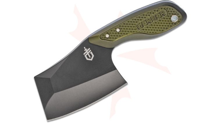 Gerber Tri-Tip Mini Cleaver Fixed Blade Knife, 7Cr17MoV Black Blade, Green Aluminum Handles, Plastic Sheath