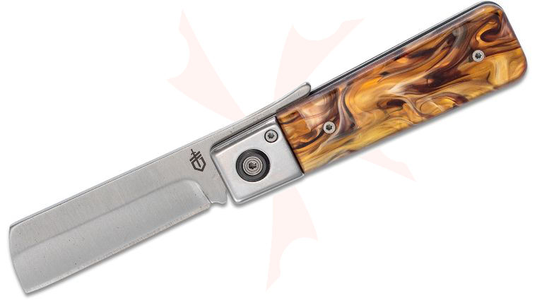 Gerber Jukebox Front Flipper Knife, Satin Sheepsfoot Blade, Tortoise Shell Acrylic Handles