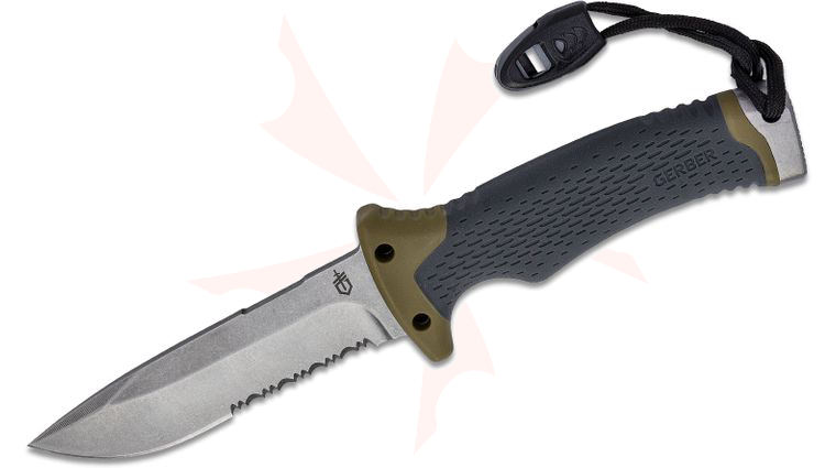 Gerber Ultimate Survival Fixed Blade Knife 4.75 inch Stonewashed Drop Point Combo Blade, Black Rubber Overmold Handle, Sheath with Built In Sharpening System