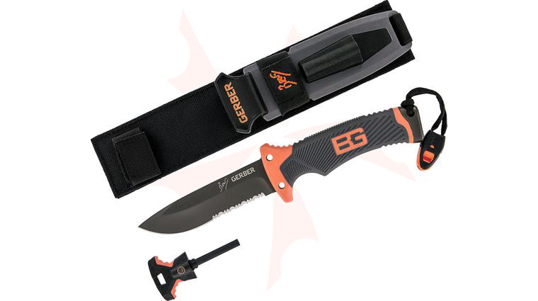 Gerber 30-000384 Bear Grylls Survival Knife 4.8 inch Combo Blade, Rubber Grip Handle
