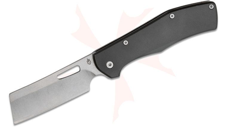 Gerber FlatIron Cleaver Folding Knife 3.8 inch Stonewashed Plain Blade, Black Aluminum with Stonewashed Stainless Steel Back Handles