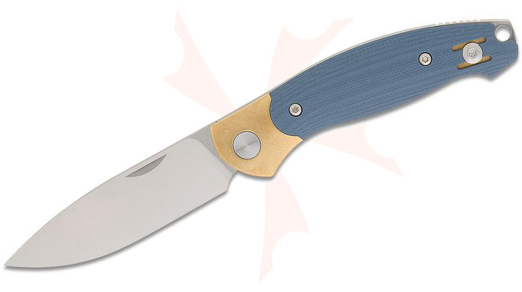 GiantMouse ACE Farley Bolstered Slipjoint Folding Knife 2.75 inch Elmax Satin Drop Point Blade, Bolstered Brass Handles with Dusty Blue G10 Scales, Reversible Wire Clip