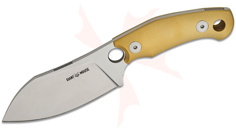 GiantMouse GMF1-XL Fixed Blade Knife 3.38 inch Elmax Satin Sheepsfoot Blade, Brass Handles, Leather Sheath