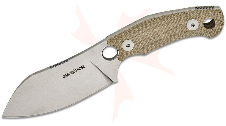 GiantMouse GMF1-XL Fixed Blade Knife 3.38 inch N690 Satin Sheepsfoot Blade, Green Canvas Micarta Handles, Leather Sheath