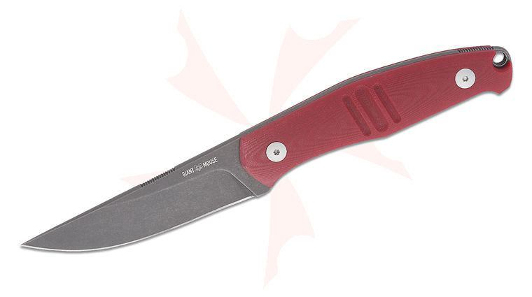 GiantMouse GMF2-P-R Fixed Blade Knife 3.71 inch N690 Black PVD Stonewashed Drop Point Blade, Red G10 Handles, Black Leather Sheath
