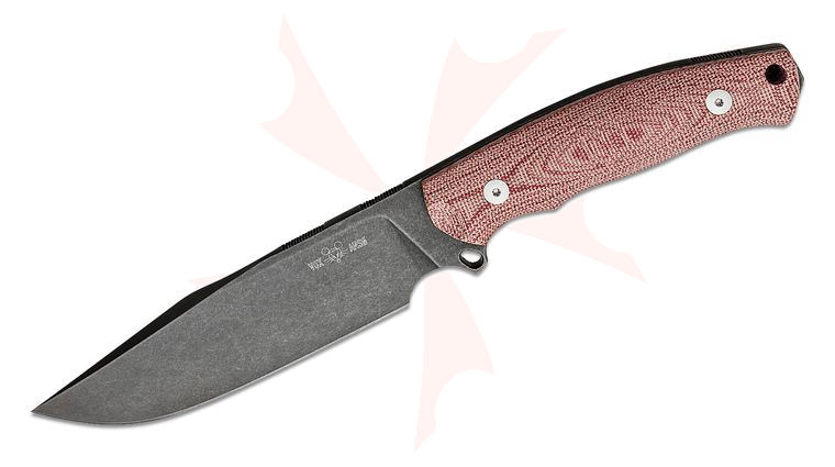 GiantMouse GMF4 Fixed Blade Knife 5.65 inch N690 Black PVD Stonewashed Clip Point, Red Canvas Micarta Handles, Leather Sheath