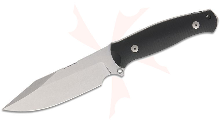 GiantMouse Redington Fixed Blade Knife 5.12 inch N690 Stonewashed Clip Point Blade, Milled Double Black Canvas Micarta Handles, Leather Sheath