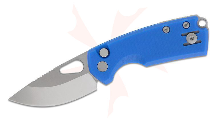 GiantMouse Tipsy Button Lock Folding Knife 1.89 inch N690 Satin Drop Point Blade, Blue G10 Handles, Reversible Wire Clip