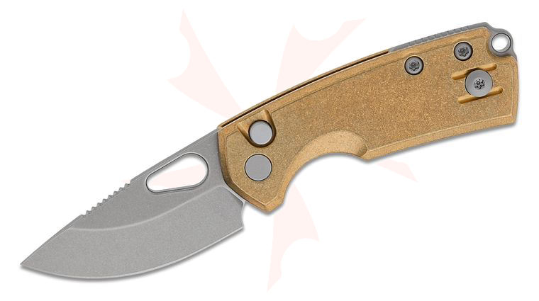 GiantMouse Tipsy Button Lock Folding Knife 1.89 inch Elmax Stonewashed Drop Point Blade, Brass Handles, Reversible Wire Clip