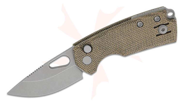 GiantMouse Tipsy Button Lock Folding Knife 1.89 inch N690 Stonewashed Drop Point Blade, Green Canvas Micarta Handles, Reversible Wire Clip