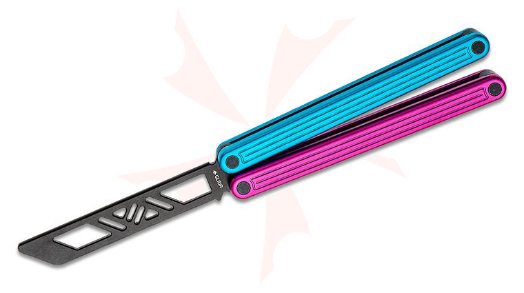 Glidr Arctic Cotton Candy Balisong Butterfly Trainer 4.8 inch Unsharpened Black PVD Blade, Pink and Blue Aluminum Handles
