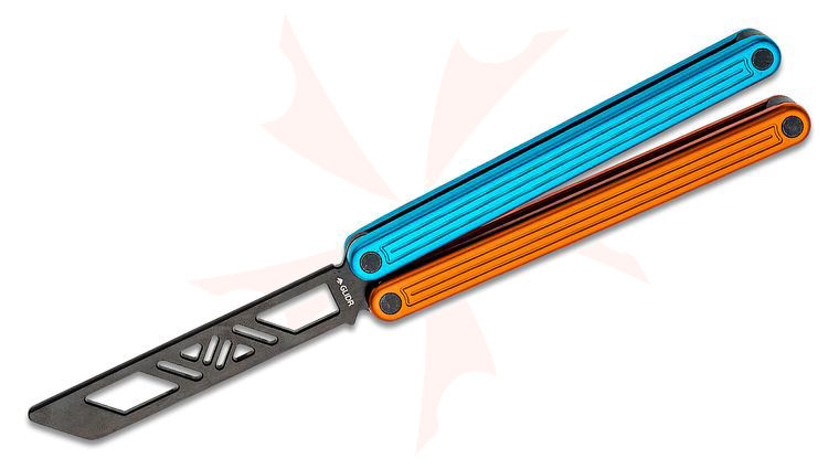 Glidr Arctic Fire & Ice Balisong Butterfly Trainer 4.8 inch Unsharpened Black PVD Blade, Orange and Blue Aluminum Handles