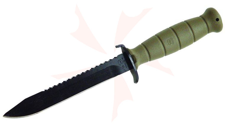 Glock Field Knife FM 81 Fixed Blade 6.5 inch Carbon Steel Sawback Clip Point, Battlefield Green Polymer Handle, Polymer Sheath