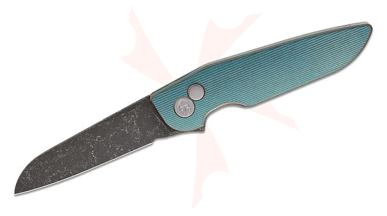 Grimsmo Knives Custom Fjell #0738 Integral Button Lock Flipper Knife 2.875 inch RWL-34 Acid Washed Sheepsfoot Blade, Green with Bronze Flakes Streamline Pattern Titanium Handle