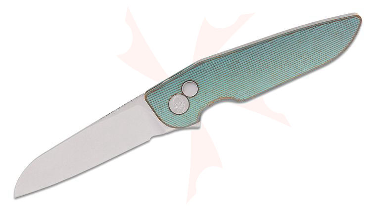 Grimsmo Knives Custom Fjell #0790 Integral Button Lock Flipper Knife 2.875 inch RWL-34 Stonewashed Sheepsfoot Blade, Green with Bronze Flakes Streamline Pattern Titanium Handle