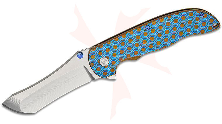 Grimsmo Knives Custom Norseman #8212 Flipper Knife 3.7 inch RWL-34 Stonewashed Blade, Blue with Bronze Accents Double Honeycomb Pattern Titanium Handles