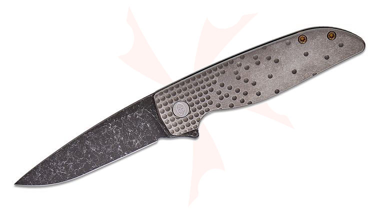 Grimsmo Knives Custom Rask #4218 Flipper Knife 3.5 inch RWL-34 Acid Washed Drop Point Blade, Blasted Dimple Fade Titanium Handles