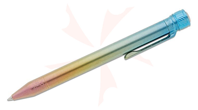 Grimsmo Knives Custom Saga Pen #9189, Hand-Brushed Ice Blue to Pink Fade Anodized Titanium with Ice Blue Helix Pattern Slider, 5 inch Overall