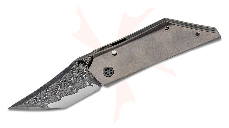 GriffinBladez Custom Creep Front Flipper Knife 3.25 inch Nichols XHP-Core Boomerang Damascus Tanto Blade, Blasted Titanium Handles, Zirconium Accents