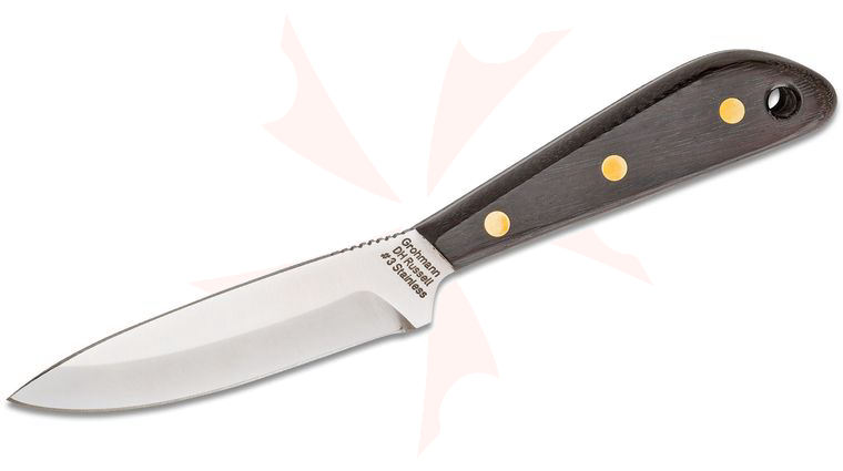 Grohmann #3 Boat Knife Fixed 4.125 inch Satin Stainless Steel Blade, Rosewood Handles, Brown Leather Sheath