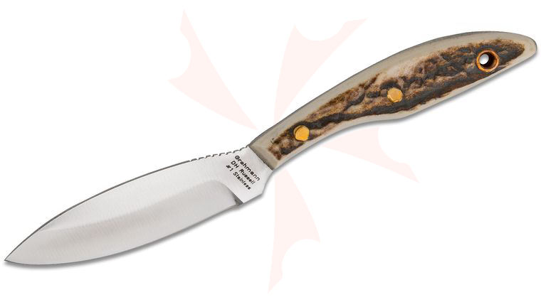 Grohmann #1 Original Design Hunting Knife Fixed 4 inch Satin Stainless Steel Blade, Stag Handles, Brown Leather Sheath