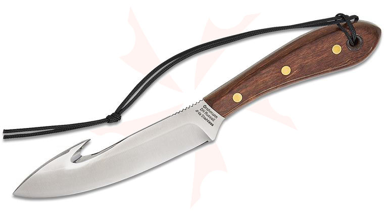 Grohmann #4 Survival Guthook Skinner Fixed Blade Knife 5.5 inch Satin Stainless Steel Blade, Rosewood Handles, Leather Sheath