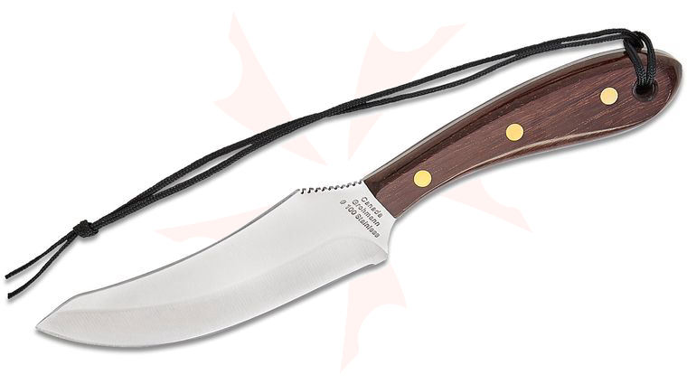 Grohmann #100 Large Skinner Fixed Blade Knife, 5 inch Satin Stainless Steel Blade, Offset Rosewood Handle, Leather Belt Sheath