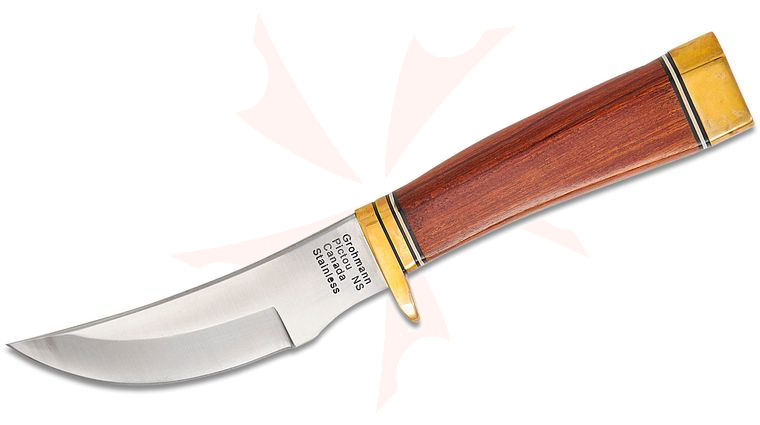 Grohmann Deep Woods Hunter Fixed Blade Knife, 3.5 inch Satin Stainless Steel Blade, Rosewood Handle, Brass Guard and Pommel, Leather Belt Sheath