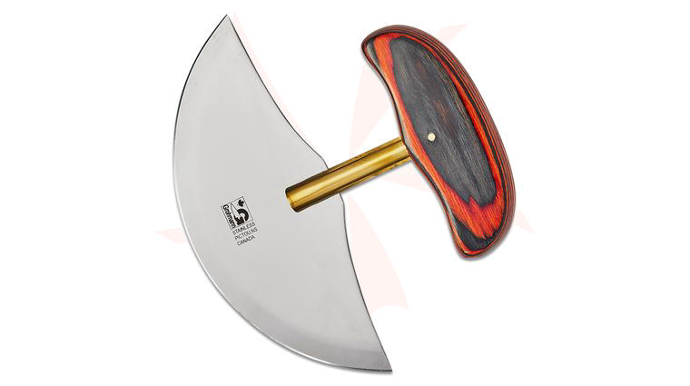Grohmann #116 Ulu Knife 5.75 inch Satin Stainless Steel Blade, Rosewood Handles, Rosewood Display Stand