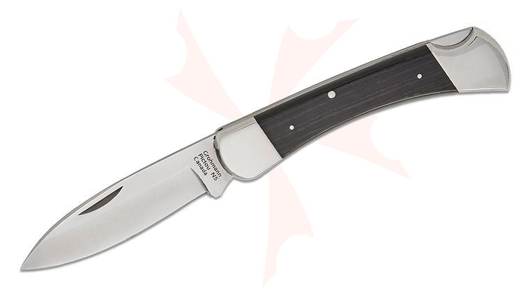 Grohmann #380 Lockback Folding Knife 3.75 inch Satin Stainless Steel Drop Point Blade, Rosewood Handles, Nickel Silver Bolsters, Leather Belt Sheath