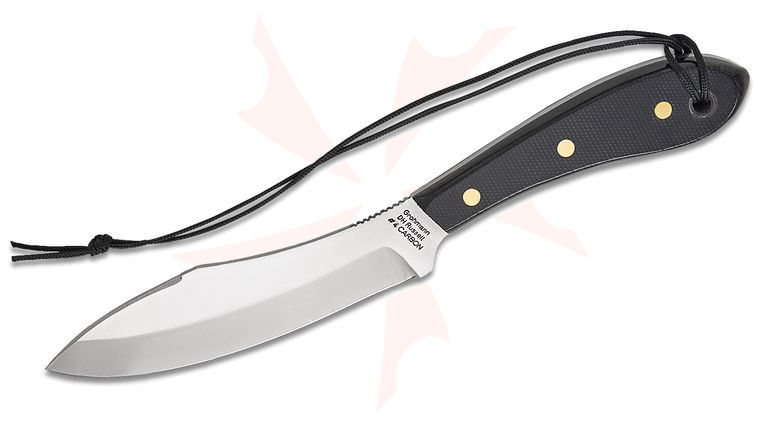 Grohmann #4 Survival Fixed Blade Knife 5.5 inch Satin Carbon Steel Blade, Black Micarta Handles, Brown Leather Sheath