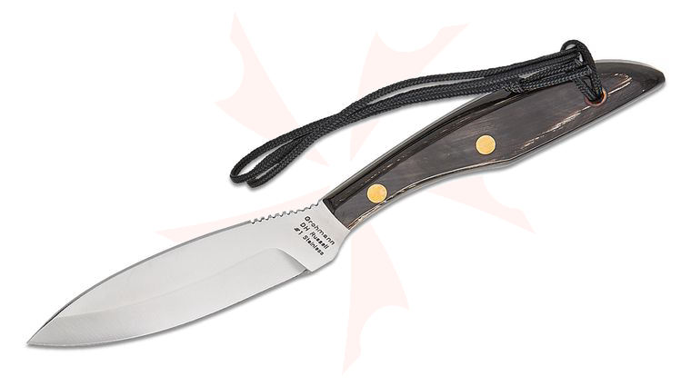 Grohmann Original Design Fixed Blade Knife 4 inch Satin Stainless Steel Blade, Buffalo Horn Handle, Leather Belt Sheath