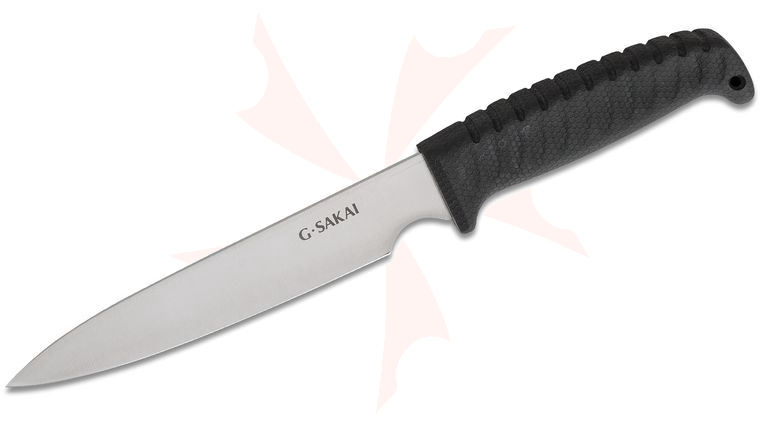 G. Sakai Outdoor Cooking Knife 6.46 inch 6A Satin Plain Blade, Black Rubber Handles, Black Polypropylene Sheath