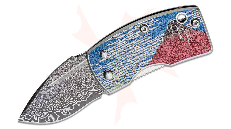 G. Sakai Money Clip Folding Knife 1.61 inch Damascus Blade, Stainless Steel Handles with Mt. Fuji Artwork