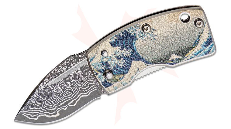 G. Sakai Money Clip Folding Knife 1.61 inch Damascus Blade, Stainless Steel Handles with Blue Wave Artwork