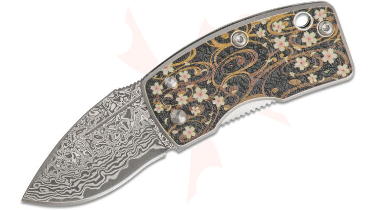 G. Sakai Money Clip Folding Knife 1.61 inch Damascus Blade, Stainless Steel Handles with Flowing Flowers Artwork