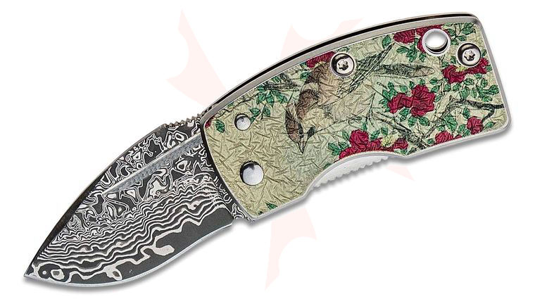 G. Sakai Money Clip Folding Knife 1.61 inch Damascus Blade, Stainless Steel Handles with Camellia Artwork