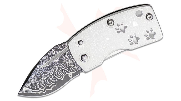 G. Sakai Money Clip Folding Knife 1.61 inch Damascus Blade, Stainless Steel Handles with Paw Artwork