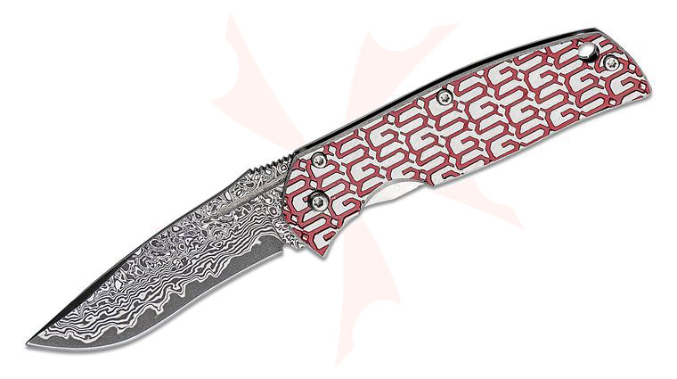 G. Sakai Gentleman's Folding Knife 2.24 inch VG10 Damascus Blade, Stainless Steel Handles w/ Red  inchGS inch Geometric Pattern, Leather Pouch