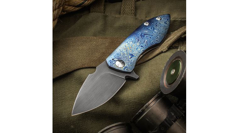 Kendall Hughes Custom Oath Flipper 2.75 inch CPM-S110V Acid Etched Blade, Timascus and Orange Peel Titanium Handles, Zirconium Clip