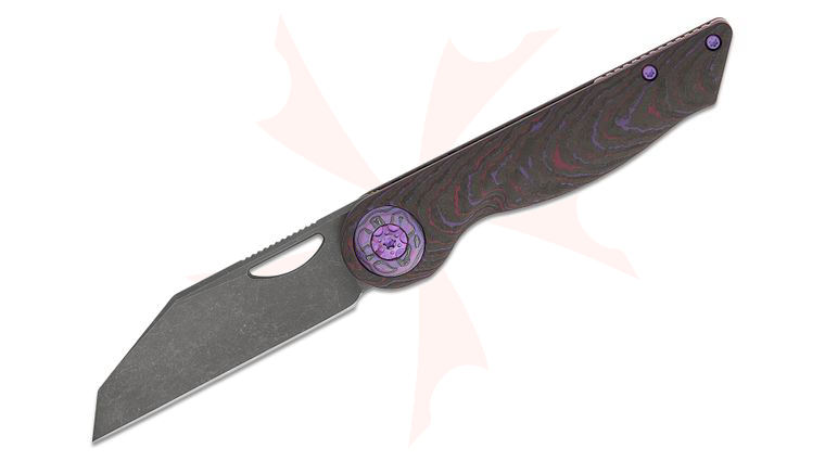 Hypercut Manufacturing Custom Cretin #0153 Inset Liner Lock Folding Knife 3.25 inch S45VN Acid Washed Modified Sheepsfoot Blade, Crosscut Purple Haze FatCarbon Handles with Purple Accents, Black Timascus Collars