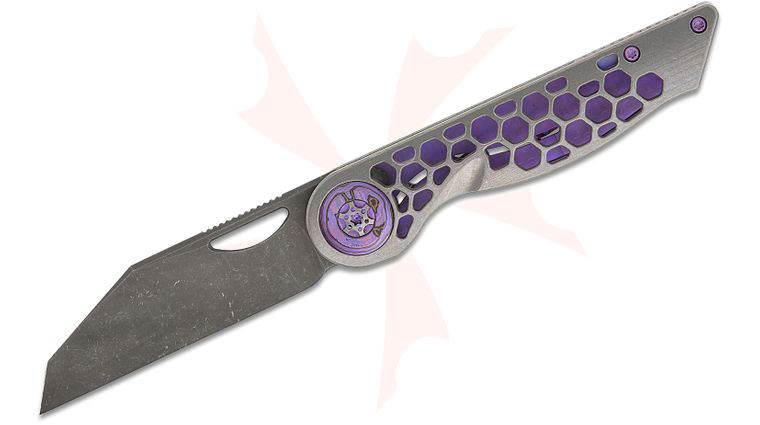 Hypercut Manufacturing Custom Cretin #0168 Inset Liner Lock Folding Knife 3.25 inch S45VN Acid Washed Modified Sheepsfoot Blade, Skeletonized Titanium Handles with Purple Accents, Black Timascus Collars