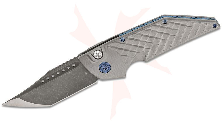 Hypercut Manufacturing Custom Dharma #0215 AUTO Folding Knife 3 inch S45VN Acid Washed Tanto Blade, Machined Titanium Handles with Blue Accents