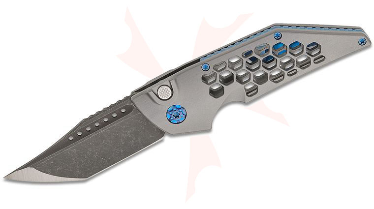 Hypercut Manufacturing Custom Dharma #0237 AUTO Folding Knife 3 inch S45VN Acid Washed Tanto Blade, Skeletonized Titanium Handles with Blue Accents